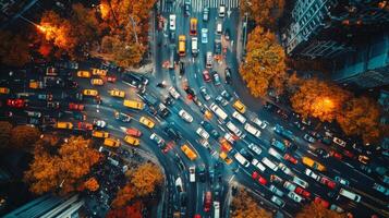 Busy city intersection illuminated by bright lights at night in urban landscape photo
