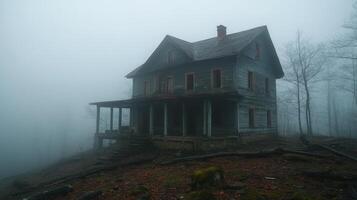 Eerie abandoned house surrounded by fog on a dark and misty evening photo