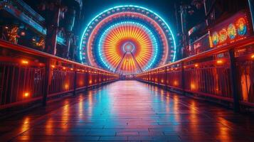 Colorful ferris wheel lights up the night sky at a local fairground photo