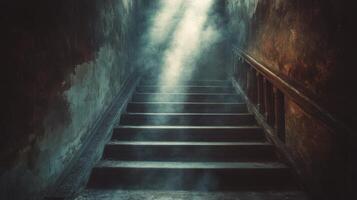 Dark stairway leads into mysterious blue haze in abandoned building at night photo