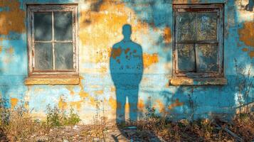 Silhouette of a person standing against a weathered wall in an abandoned building photo