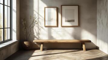 Minimalist interior design featuring wooden bench and framed art near large window photo