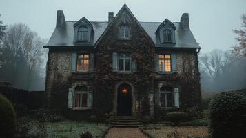 Abandoned house surrounded by fog in a dense forest during a gloomy evening photo