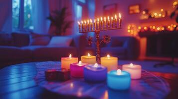 Colorful glass candles arranged in a row glow warmly beside a fireplace during a cozy evening photo