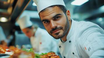 Chef preparing fresh ingredients in a modern restaurant kitchen during lunchtime photo