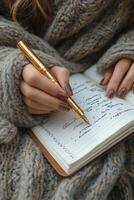 Handwritten notes are being taken in a vintage notebook with a fountain pen on a wooden table photo