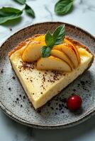 Delicious cheesecake slice topped with nuts served on a rustic plate with fork photo