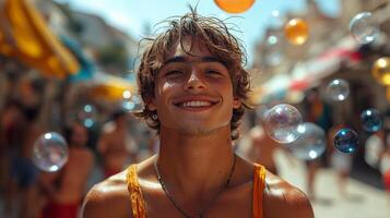 Vibrant celebration in a colorful street festival with joyful participants at midday photo