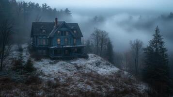 Eerie abandoned house surrounded by fog on a dark and misty evening photo