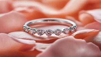 Elegant diamond ring resting on soft red rose petals in a romantic setting photo