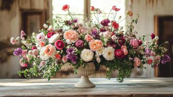 Beautiful floral arrangement displayed on a rustic table in a bright indoor setting photo