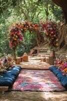 Beautiful floral archway and colorful decor in a serene outdoor setting during daylight photo