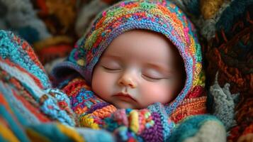 Baby peacefully sleeping in cozy colorful blanket and hat photo