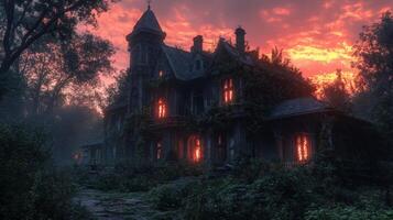 Abandoned house surrounded by fog in a dense forest during a gloomy evening photo