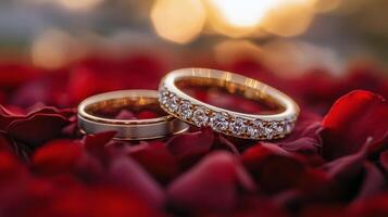 Beautiful wedding rings resting on a soft surface surrounded by rose petals in warm light photo
