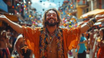 Vibrant celebration in a colorful street festival with joyful participants at midday photo