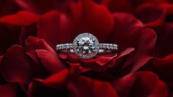Elegant diamond ring resting on soft red rose petals in a romantic setting photo