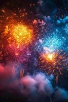 Fireworks illuminate the night sky over a harbor with sailing ships at dusk photo