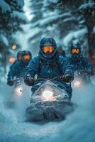 Snowmobile adventure through snowy forest trails during winter exploration photo
