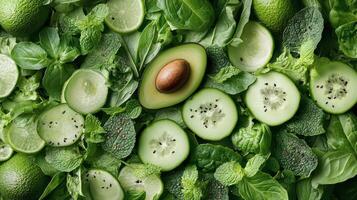 Fresh avocado and spinach with seeds arranged on a textured black surface at kitchen photo