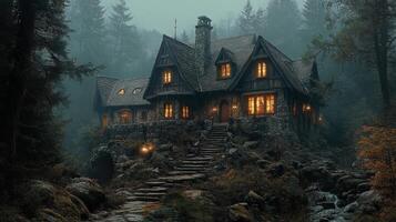Enchanted forest cottage illuminated by warm lights in a magical evening setting photo