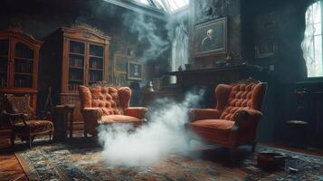 Abandoned room with vintage furniture and web near window in an old house photo