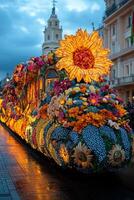 Colorful floral parade vehicle illuminated at dusk in a vibrant city setting photo