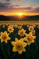 Vibrant daffodil field at sunset showcasing natures beauty and tranquility photo