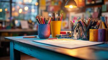 Creative workspace filled with natural light and design materials during the day photo