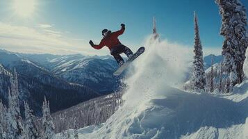 Snowboarder performs a jump in bright sunlight at a winter resort in the Alps photo