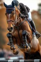 Equestrian athlete jumping over an obstacle in a horse show competition at a scenic venue photo