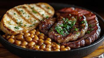 Delicious breakfast plate featuring crispy bacon, egg, toast, and baked beans near fire setting photo