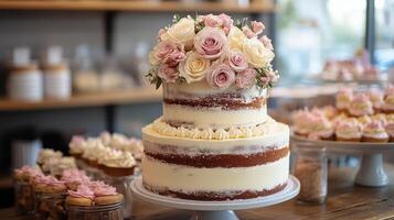 Elegant cake with floral decorations displayed in a cozy bakery during afternoon hours photo