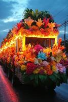 Colorful floral parade vehicle illuminated at dusk in a vibrant city setting photo
