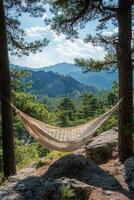 Relaxing hammock between trees overlooking a scenic mountain landscape on a sunny day photo