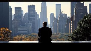 Man gazing at city skyline with autumn foliage in foreground during late afternoon photo