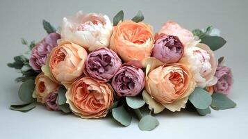 Beautiful arrangement of pastel roses and peonies with greenery on a light background photo
