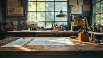 Creative workspace filled with natural light and design materials during the day photo