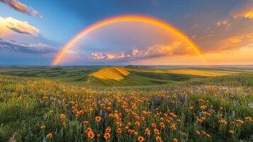Vibrant sunflower field under a rainbow with a rustic house near a winding dirt road photo