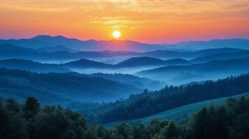 Majestic sunrise over rolling hills and misty valleys in a tranquil landscape photo