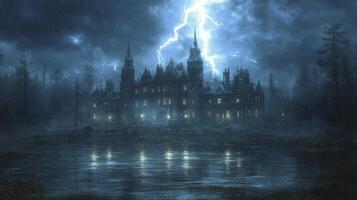 Dark stormy night at an old mansion illuminated by lightning in a gloomy atmosphere photo
