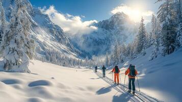 Winter wonderland scene with people skiing on a snow covered path by a frozen lake photo