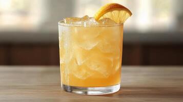 Refreshing lemon beverage on a sunny kitchen counter with bright yellow tiles photo