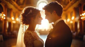 Romantic couple sharing a tender moment during an elegant wedding reception in soft lighting photo