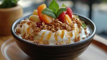 Delicious yogurt bowl topped with fresh fruit and granola in a cozy cafe setting photo