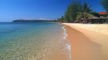 Serene beach resort on a tropical island surrounded by lush mountains and clear water photo
