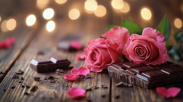 Gift box with roses and chocolates for special occasions in warm lighting photo