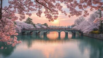 Cherry blossom trees surrounding a bright orange bridge over a tranquil pond in springtime photo