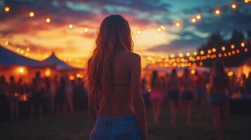 Enjoying a summer festival at sunset with strings of lights illuminating the crowd photo