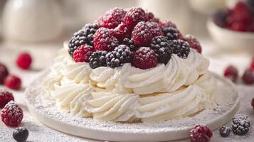 Beautiful dessert showcasing layered cake topped with whipped cream and fresh berries photo